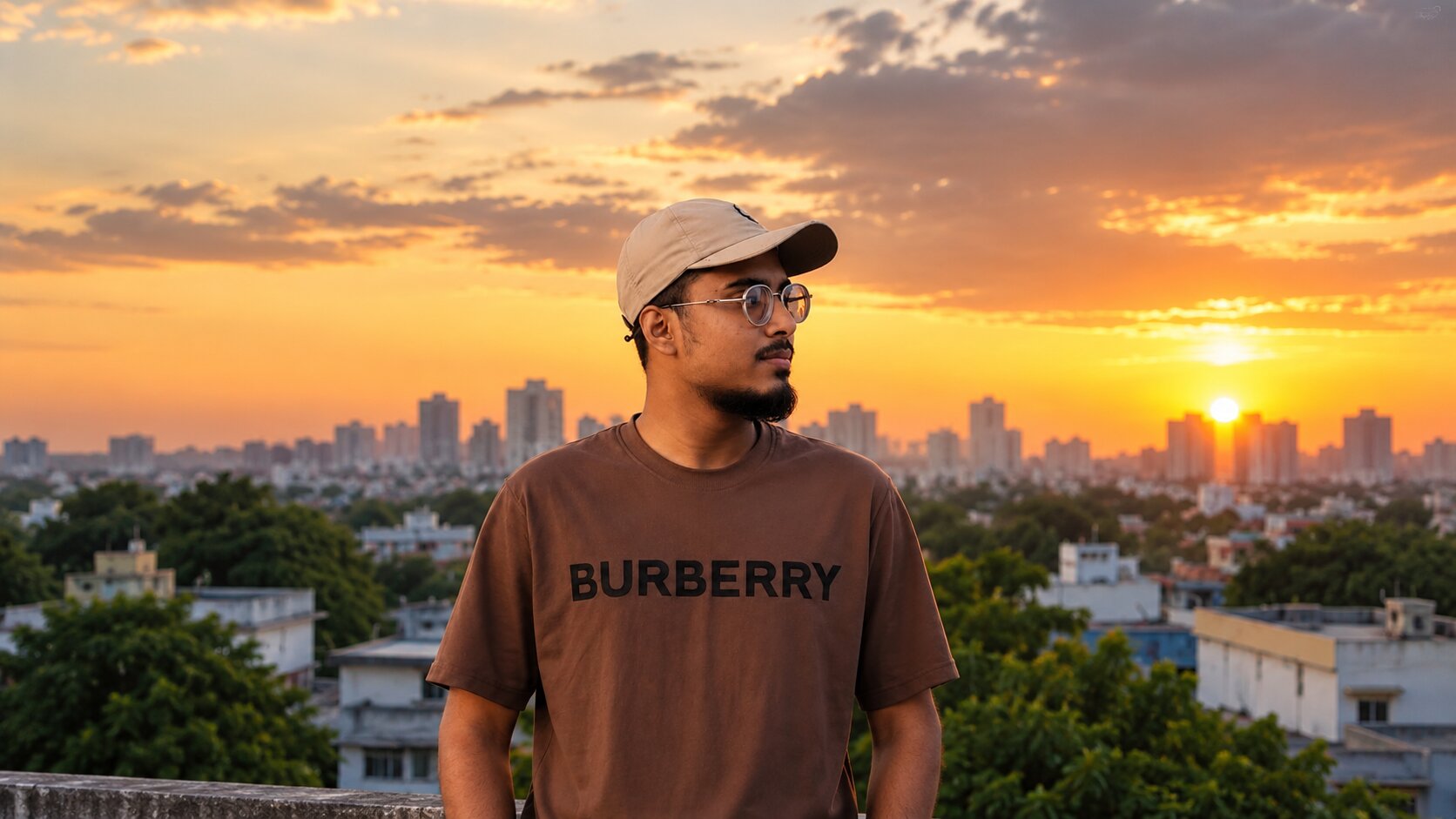 Saad Sheikh wearing glasses and a cap, photographed against a warm sunset city skyline